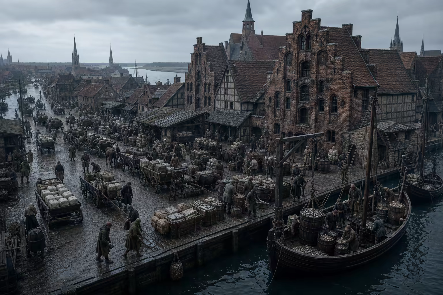 Merchants transfer barrels and bales between Baltic vessels, carts and the road toward Hamburg along the medieval Trave–Elbe corridor.