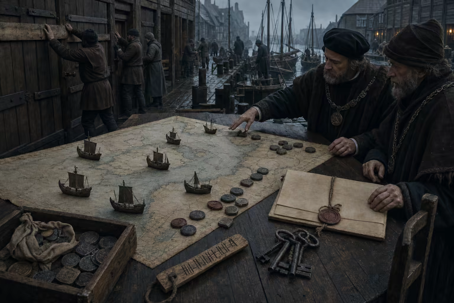 A medieval Baltic sea chart joins shuttered market doors, ships contributed by separate towns and the sealed Treaty of Stralsund.