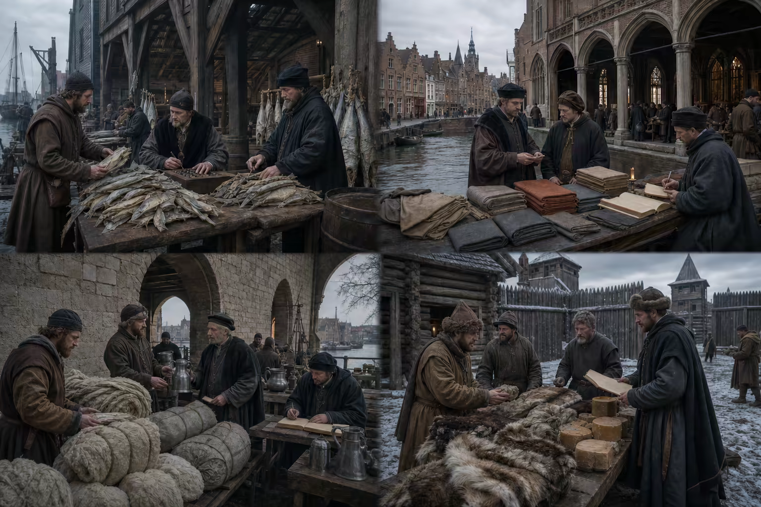 Four distinct medieval merchant stations show Bergen stockfish, Bruges cloth, London wool and pewter, and Novgorod wax and fur joined by a restrained sea route.