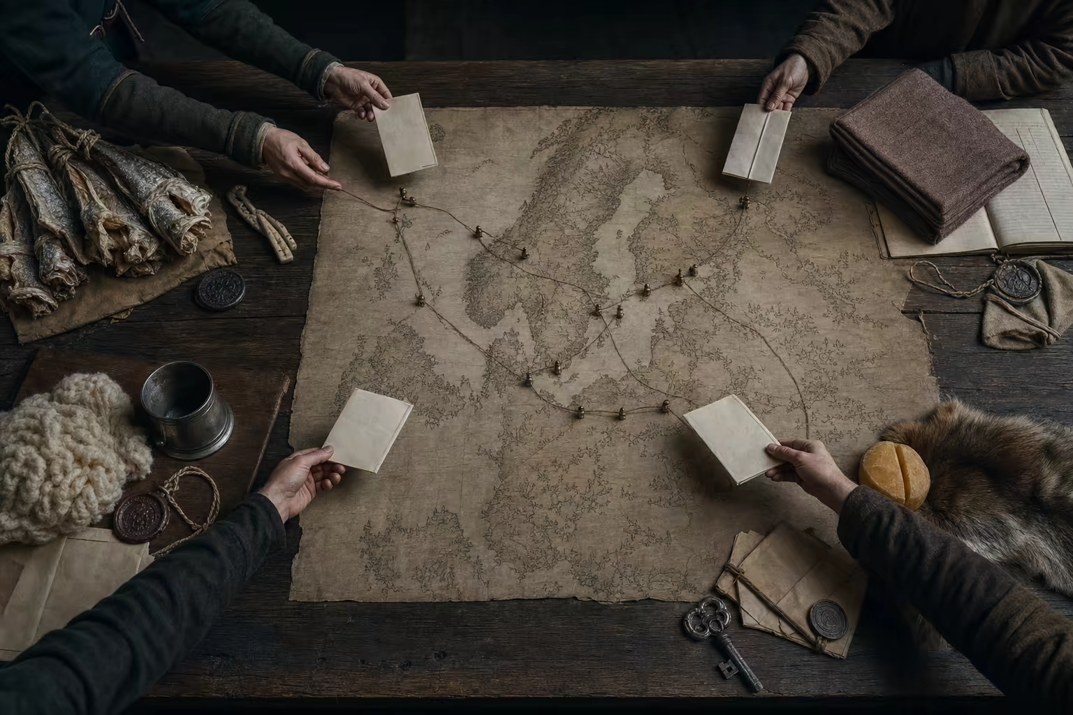 Documents and commodities from Bergen, Bruges, London and Novgorod form four tactile stations whose routes lead inward toward Hanseatic towns.