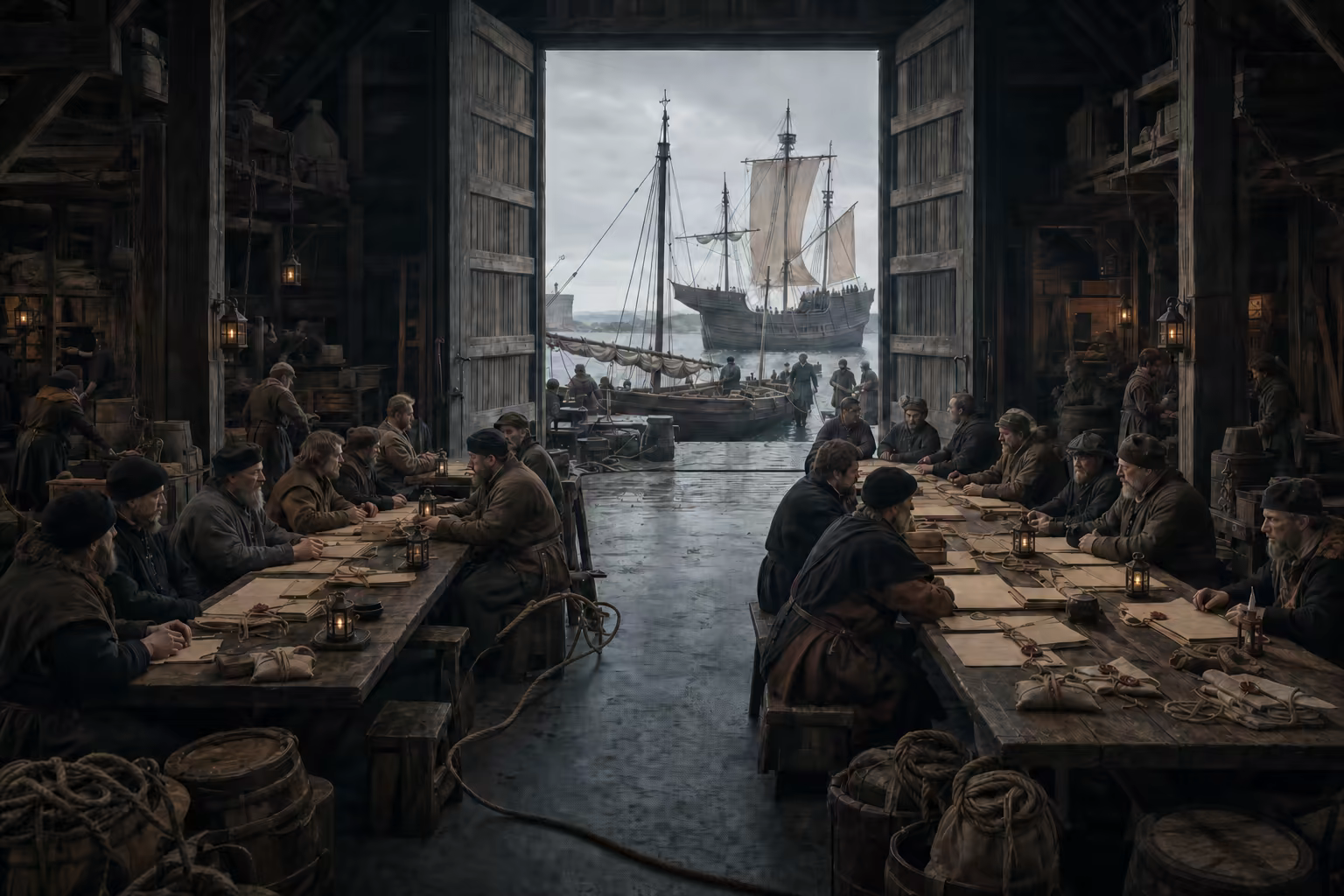 Councillors and merchants meet inside a late-medieval harbour warehouse while newer deep-sea vessels pass beyond the open doors.