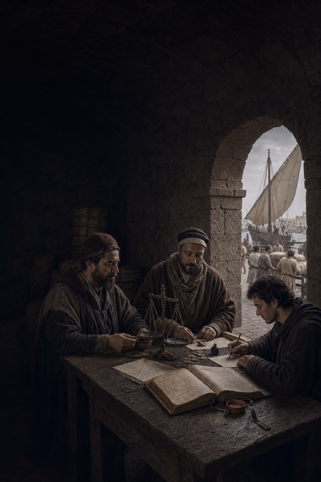 Merchants weigh coin and record cargo beside ships loading at a medieval Italian quay.