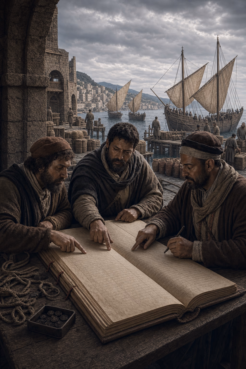 Three merchants trace clauses across an open account book as cargo ships prepare to leave an Italian harbour.