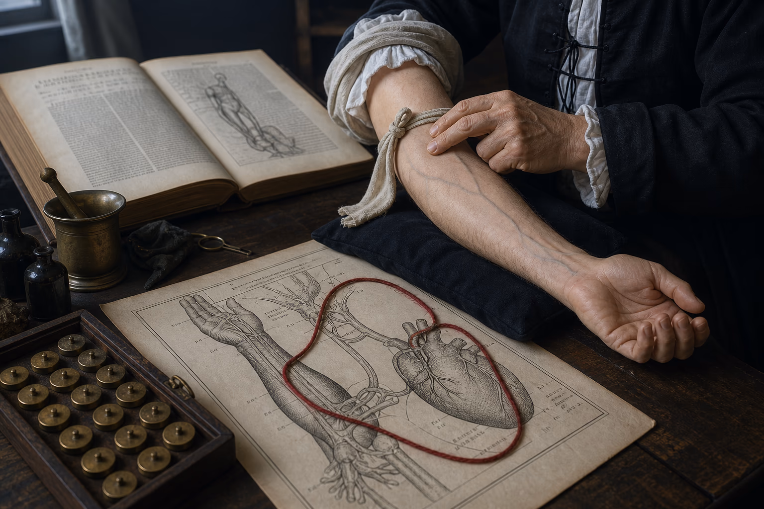 Harvey’s restrained forearm valve demonstration is rendered in engraved line beside his 1628 figures, a red thread circuit and a brass volume counter.