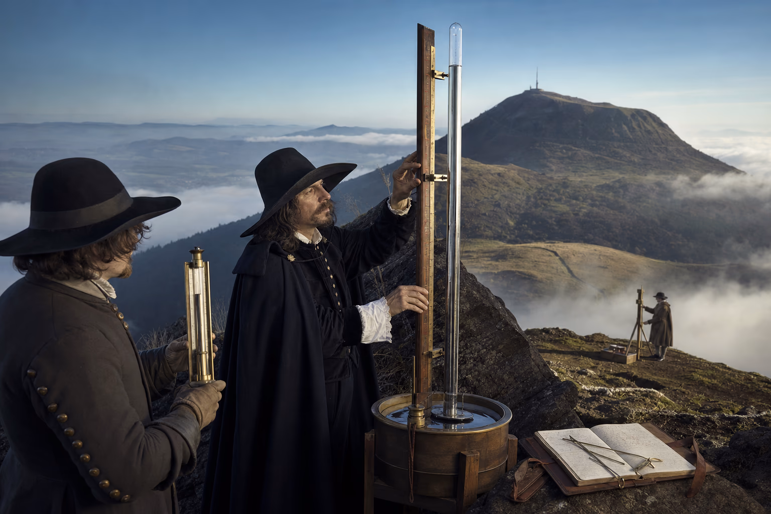 A mercury tube becomes a mountain scale as Florin Périer’s 1648 route climbs Puy de Dôme through a sequence of ruled readings.