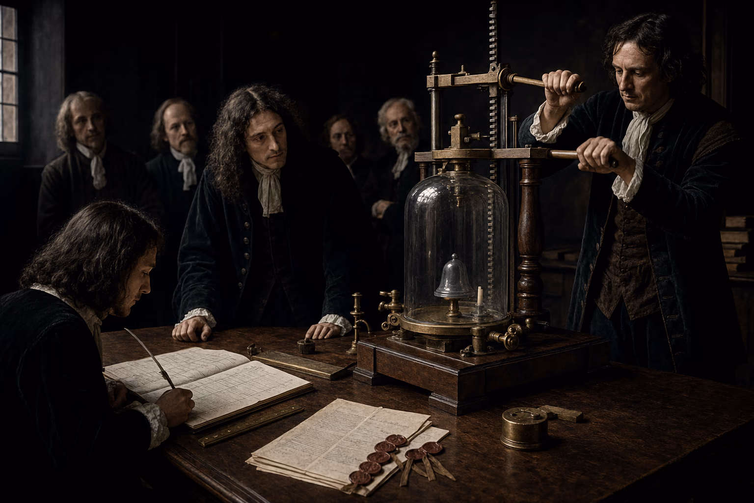 An accurate Hooke-Boyle air pump stands before witnesses beside cards for flame, sound, respiration and pressure-volume readings.