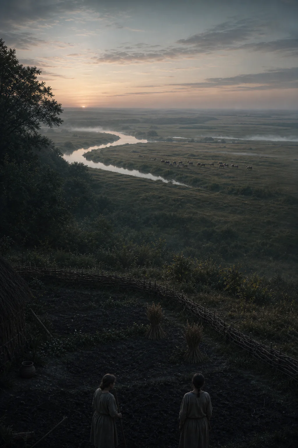Cultivated fields and woodland open onto a broad blue-green steppe beside the lower Dnipro.