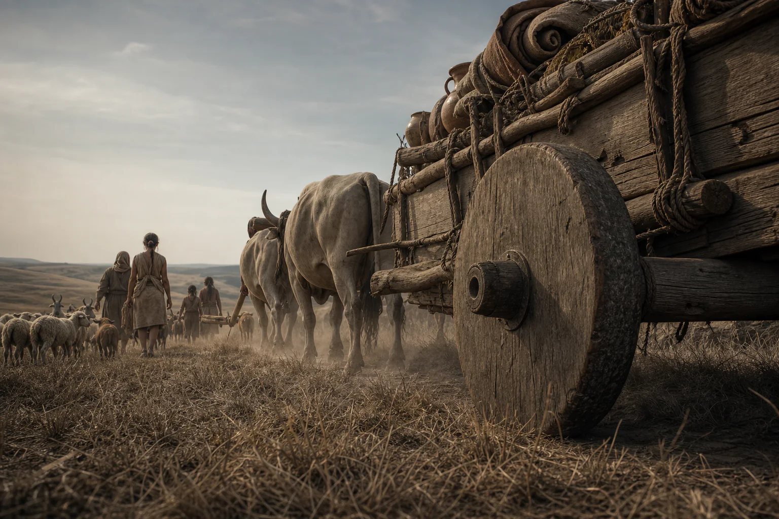 A low view beside the solid wooden wheel of an ox-drawn wagon moving across the steppe.