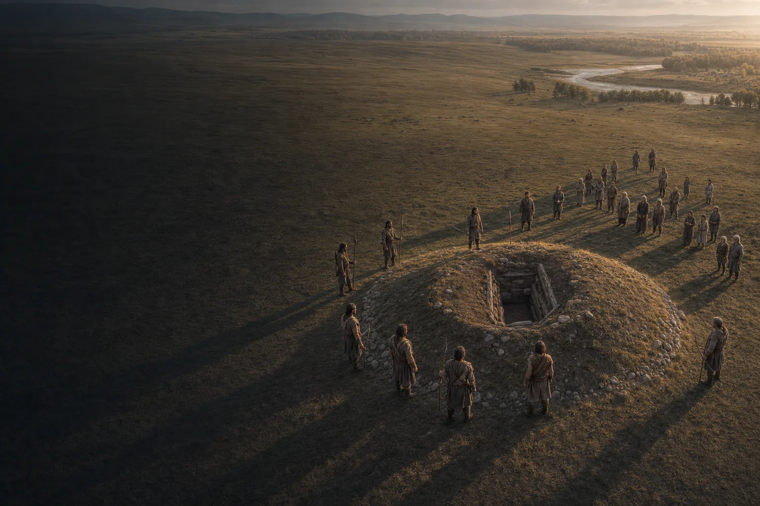 A burial mound seen from above with long shadows and armed men standing on foot around its circular edge.