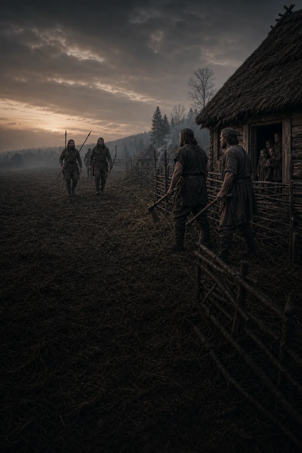 Armed newcomers on foot confront local men at the edge of a farmed landscape in a restrained dusk scene.