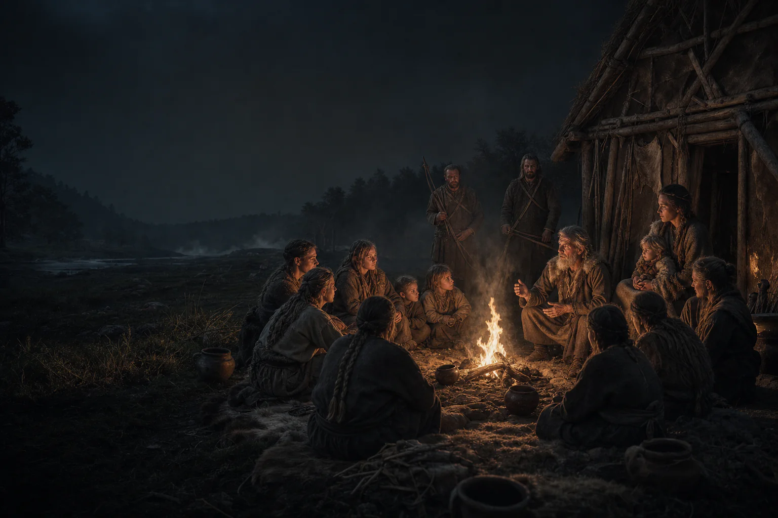 Families and armed men gather in a circle around a night fire as an elder speaks to children.